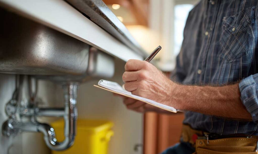 A person looking under a kitchen sink while holding their nose, with cleaning supplies nearby.