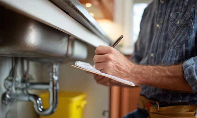 A person looking under a kitchen sink while holding their nose, with cleaning supplies nearby.