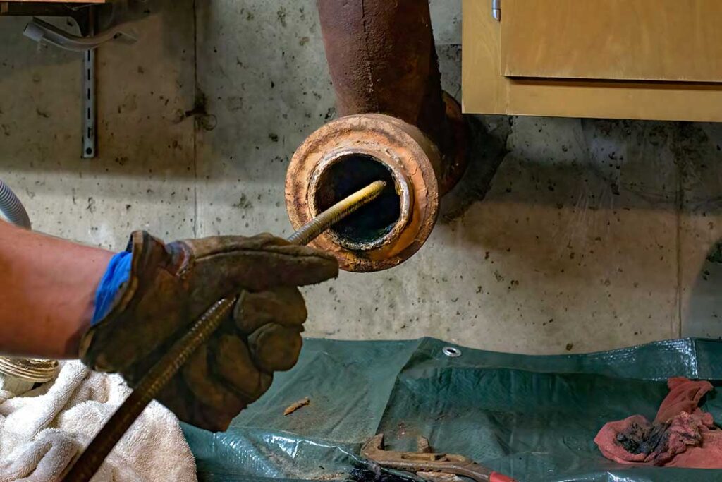 Homeowner inspecting pipes beneath a kitchen sink with a flashlight and adjustable wrench.